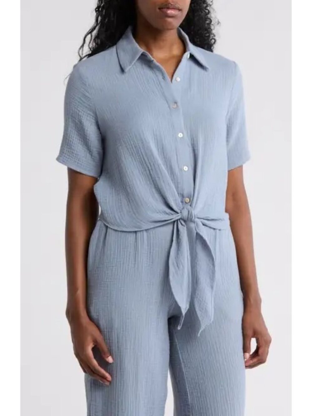 T Tahari Short Sleeve Tie Front Cotton Gauze Shirt Blue XL New Nordstrom - Picture 2 of 2